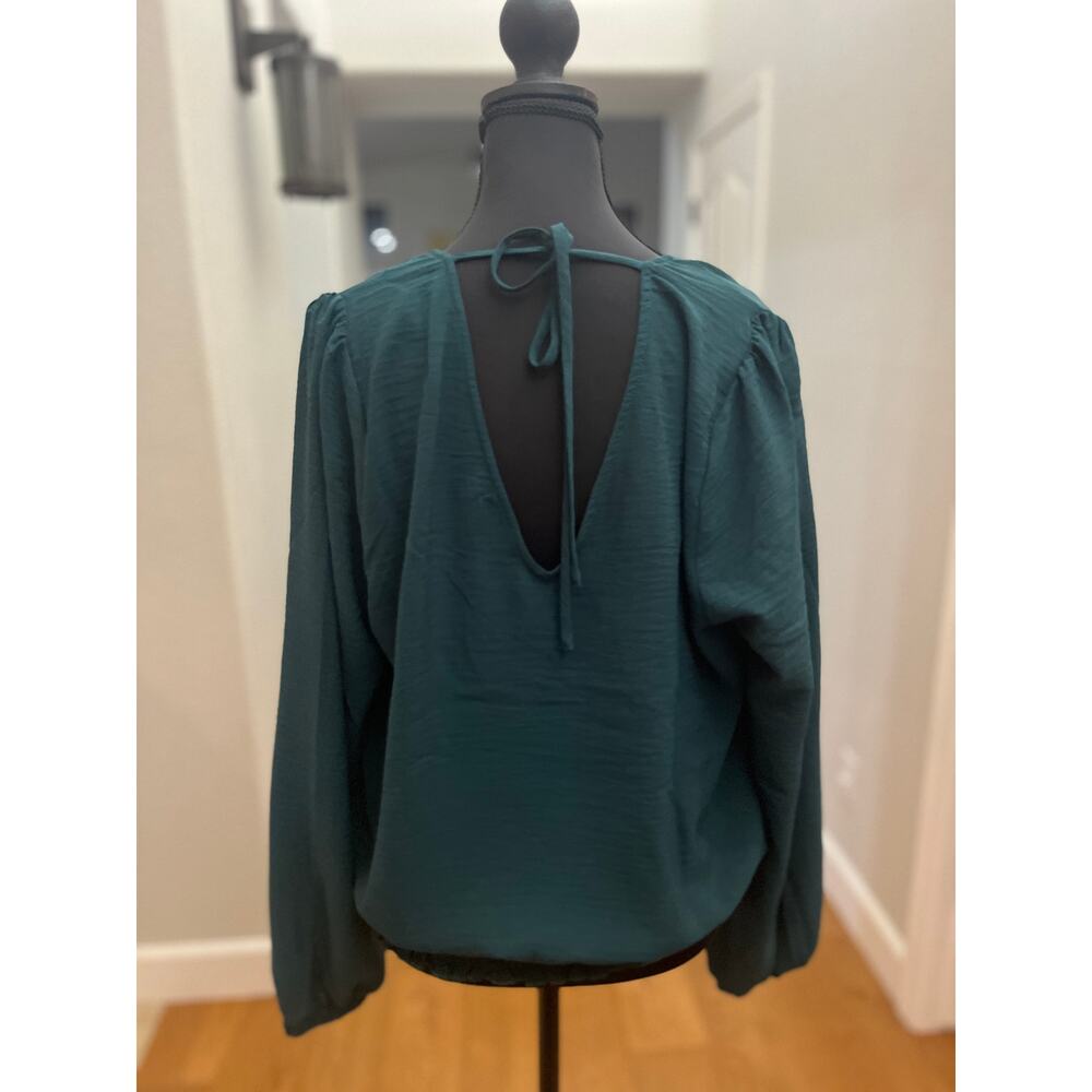 Nine Britton Ina Chiffon Smocked Bottom‎ Blouse Dark Green Floral Career Large - Picture 9 of 9